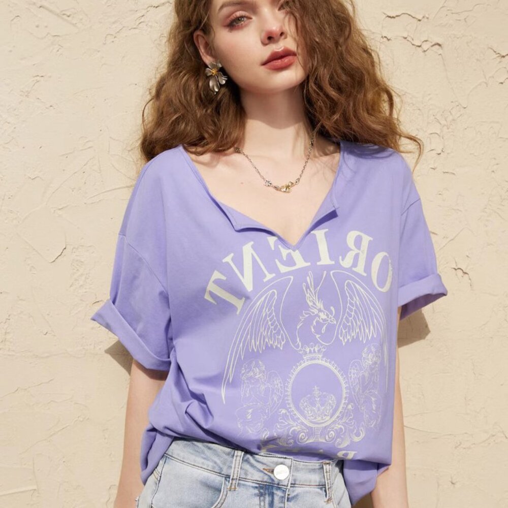 Temperament purple V-neck T-shirt lazy style retro design feel top